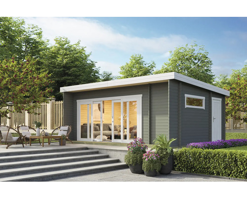 Gartenhaus aus Holz mit Schiebetüren und Terrasse mit Gartenmöbeln