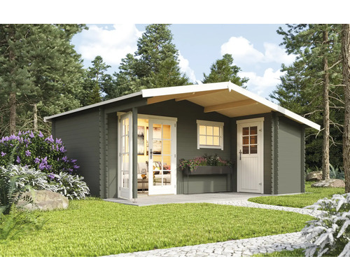 Gartenhaus Outdoor Life Little Rock inkl. Fußboden 558,7 x 480 cm graugrün Gartenhaus aus Holz mit Fenstern und Türen im Garten