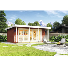 Abri de jardin moderne avec terrasse et foyer dans le jardin.