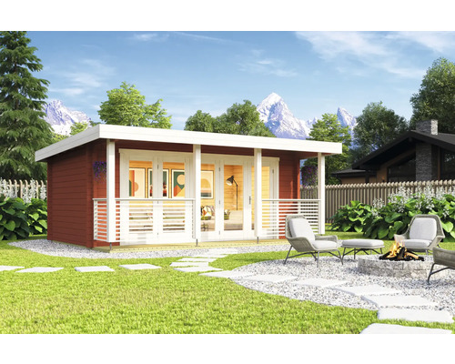 Abri de jardin moderne avec terrasse et foyer dans le jardin.