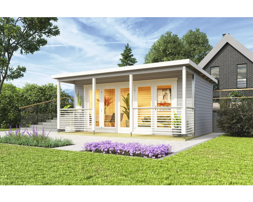 Modernes Gartenhaus mit Terrasse und Glasdoppeltür