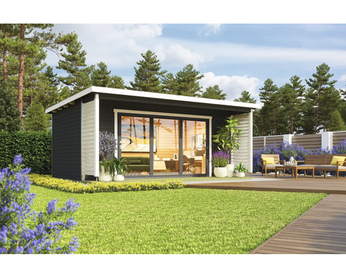 Abri de jardin moderne avec portes coulissantes sur une pelouse soignée