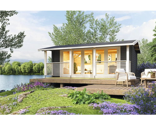 Abri de jardin avec terrasse et vue sur un lac