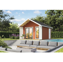 Maison de jardin en bois avec terrasse, salon de jardin et piscine dans le jardin