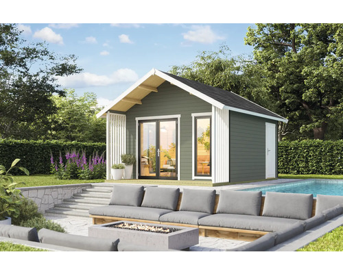 Pavillon de jardin avec terrasse, mobilier de salon et piscine dans le jardin