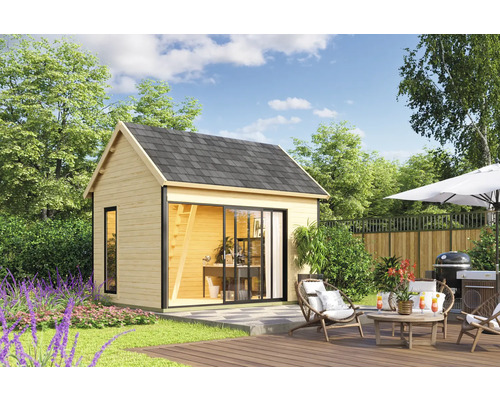 Mise en scène d'une maison de jardin avec terrasse, barbecue et mobilier de jardin