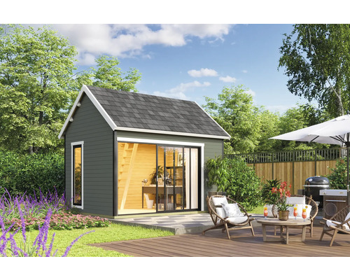 Jardin avec abri de jardin, terrasse, mobilier de jardin et barbecue