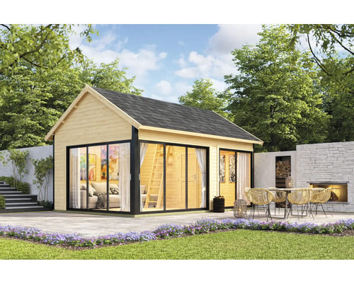 Maison de jardin en bois avec façade vitrée et terrasse dans le jardin