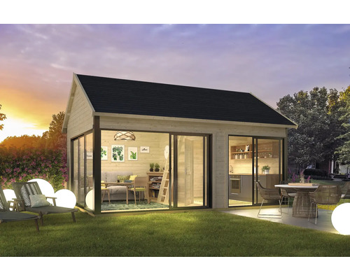 Maison de jardin moderne avec façades en verre, coin salon et kitchenette sur une pelouse