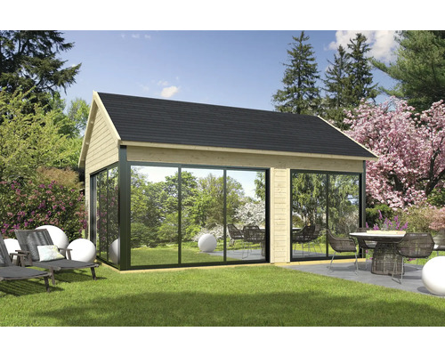 Abri de jardin avec de grandes fenêtres, un revêtement en bois et un toit noir