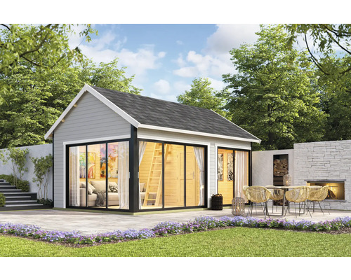 Abri de jardin avec terrasse, mobilier de jardin et barbecue dans un design moderne