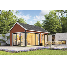 Maison de jardin moderne avec terrasse, mobilier de jardin et espace barbecue