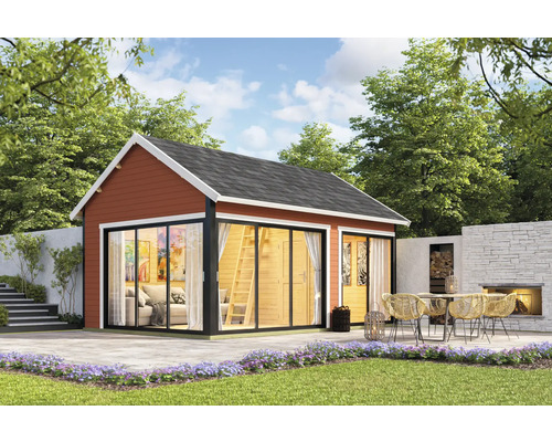 Maison de jardin moderne avec terrasse, mobilier de jardin et espace barbecue