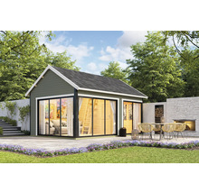 Maison de jardin avec portes coulissantes et espace extérieur avec mobilier de jardin et cheminée