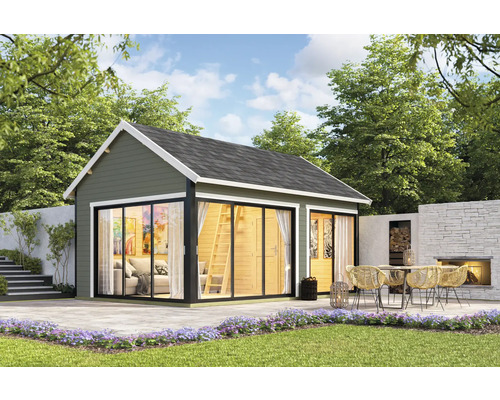Maison de jardin avec portes coulissantes et espace extérieur avec mobilier de jardin et cheminée