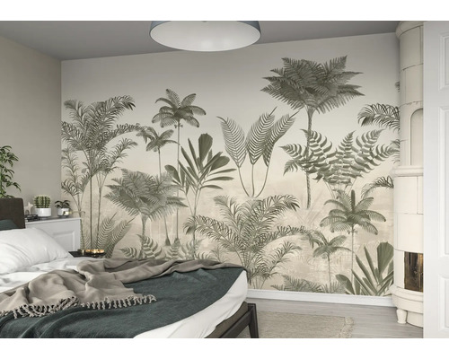Chambre à coucher avec papier peint à motif jungle pour une ambiance naturelle