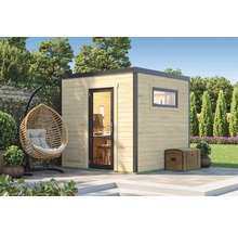 Abri de jardin moderne avec fenêtre et porte à côté d'un panier suspendu