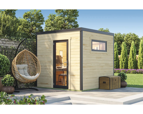 Abri de jardin moderne avec fenêtre et porte à côté d'un panier suspendu