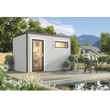 Abri de jardin avec porte et fenêtre sur terrasse