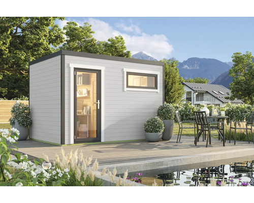 Abri de jardin avec porte et fenêtre sur terrasse