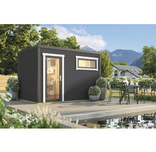 Abri de jardin avec fenêtre et porte vitrée sur une terrasse en bois au bord d'un étang