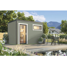 Abri de jardin moderne avec fenêtre et porte sur une terrasse avec bassin