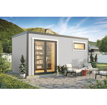 Abri de jardin avec porte double, fenêtre et coin salon extérieur