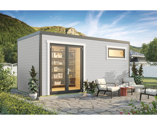 Abri de jardin avec porte double, fenêtre et coin salon extérieur