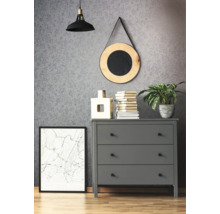 Scène avec commode grise, objets de décoration dessus, une photo encadrée en dessous, une lampe et un miroir au mur au-dessus