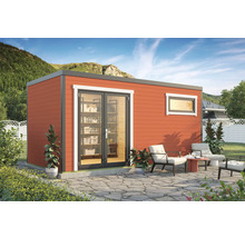 Abri de jardin moderne avec terrasse et mobilier pour le rangement et la détente