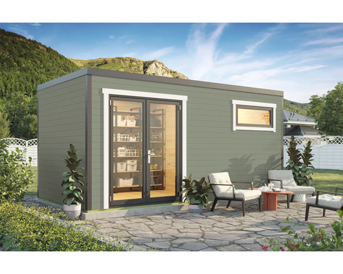 Abri de jardin moderne avec double porte et fenêtre, entouré d'une terrasse avec mobilier de jardin.
