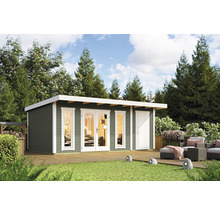 Modernes Gartenhaus mit Terrasse und Gartenmöbeln im Außenbereich.