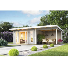 Scène de jardin avec abri de jardin en bois et terrasse avec coin salon