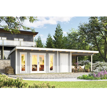 Pavillon de jardin avec terrasse, murs en bois, fenêtres et portes dans le jardin