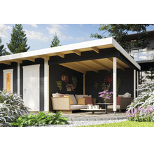 Gartenhaus mit überdachter Terrasse und Gartenmöbeln für den Aussenbereich.