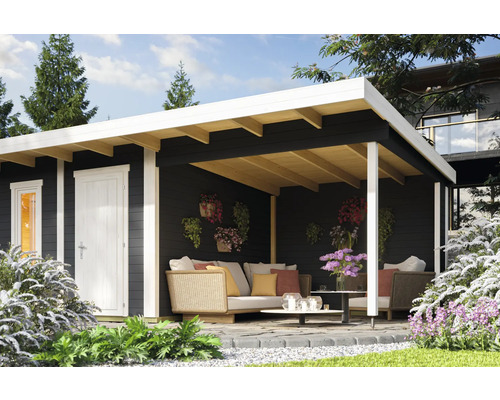 Gartenhaus mit überdachter Terrasse und Gartenmöbeln für den Aussenbereich.