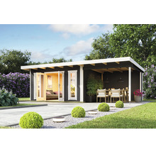 Modernes Gartenhaus mit Terrasse und Sitzbereich im Freien