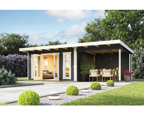 Modernes Gartenhaus mit Terrasse und Sitzbereich im Freien