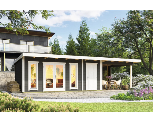 Gartenhaus mit Terrasse und Sitzbereich im Garten