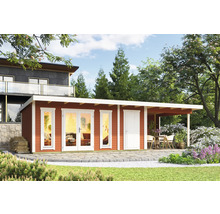 Gartenhaus mit Terrasse, Fenstern und Tür vor einem Haus