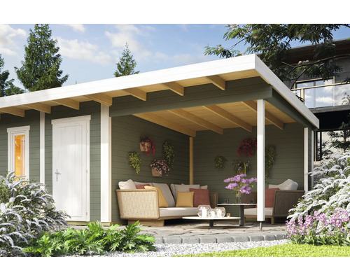 Dachverlängerung Outdoor Life für Gartenhaus Sicily 310 x 440 cm graugrün Gartenhaus mit überdachter Terrasse und Sitzgruppe im Garten