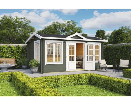 Gartenhaus Outdoor Life Windsor 44 inkl. Fußboden 440 x 340,2 cm graugrün Gartenhaus aus Holz mit Fenstern und Doppeltür im Garten