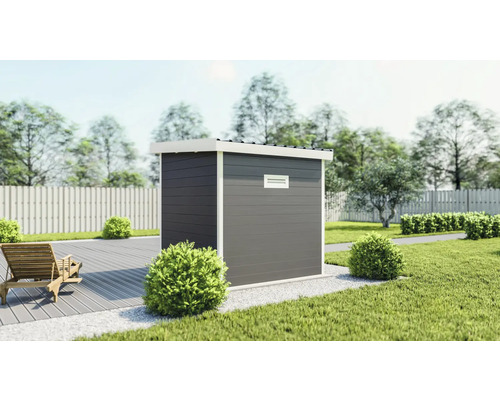Scène de jardin avec remise à outils, terrasse et clôture de jardin
