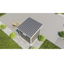 Gartenhaus mit Metalldach auf Terrasse, Vogelperspektive