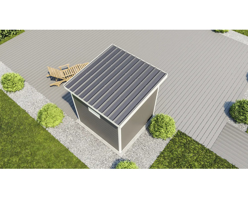 Abri de jardin avec toit en métal sur terrasse, vue à vol d''oiseau