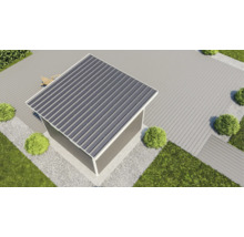 Ansicht von oben auf ein Gartenhaus mit Metalldach und angrenzender Terrasse