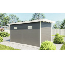 Modernes Gerätehaus mit horizontaler Holzverkleidung und Belüftungsgittern