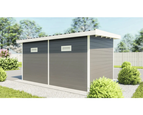 Abri de jardin moderne avec revêtement en bois horizontal et grilles de ventilation