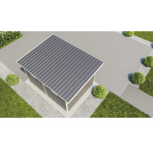 Ansicht von oben auf ein Gartenhaus mit einem Dach aus Metall auf einer Terrasse