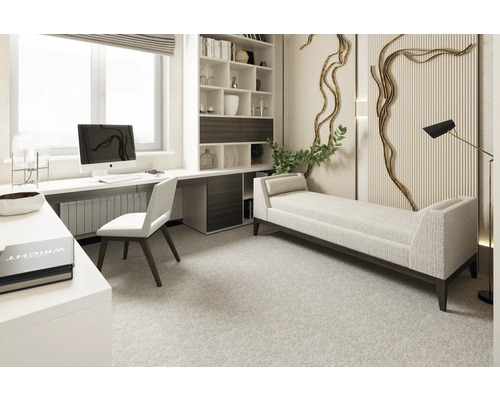 Bureau lumineux avec bureau, chaise, étagère et méridienne